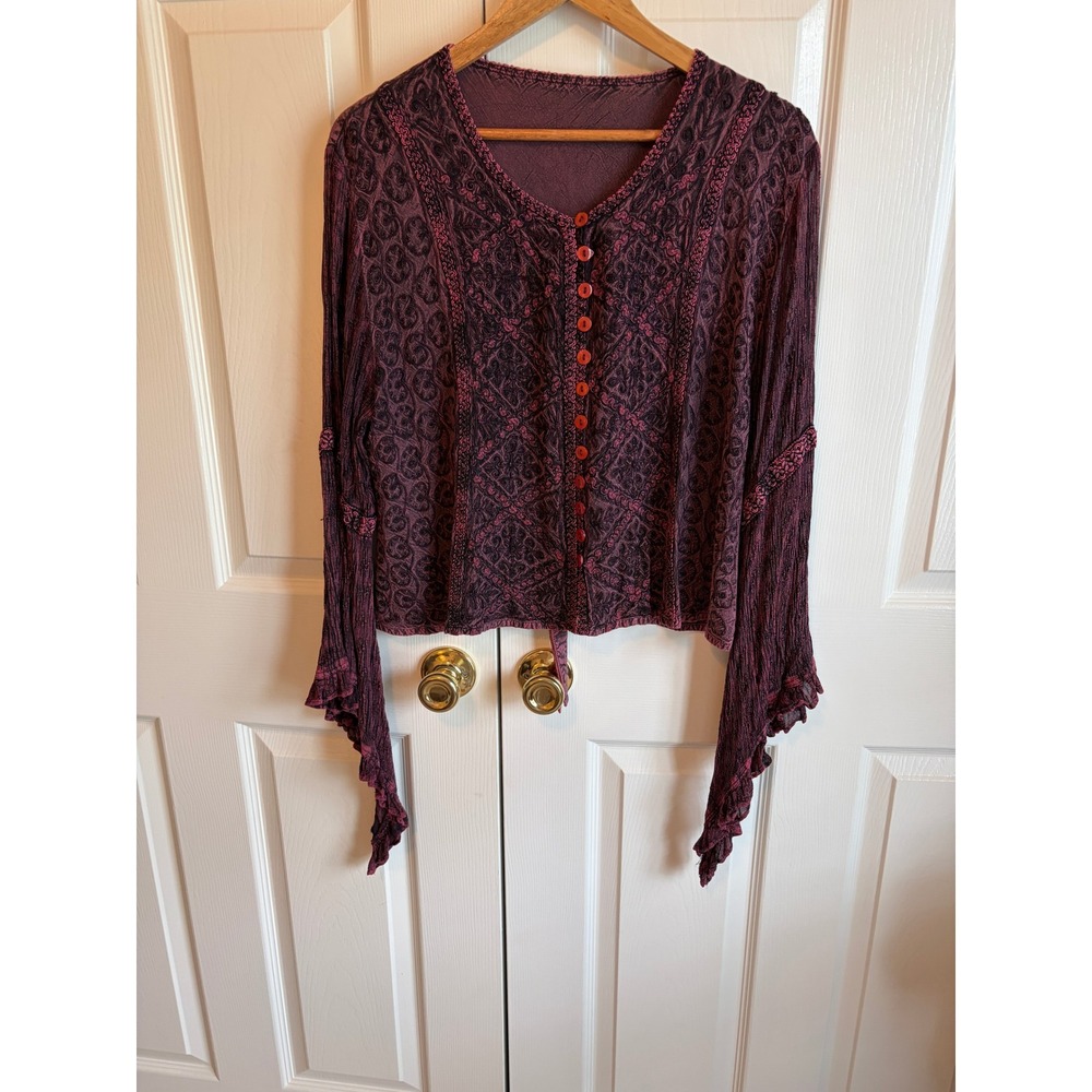Vintage Kirat Celtic Plum Embroidered Soutache Button Front Blouse Top